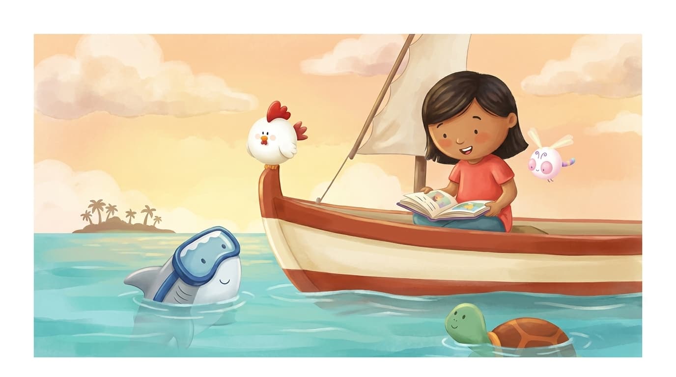 Mariya reads on a Maldivian dhoni at golden hour, surrounded by the Oala mascots